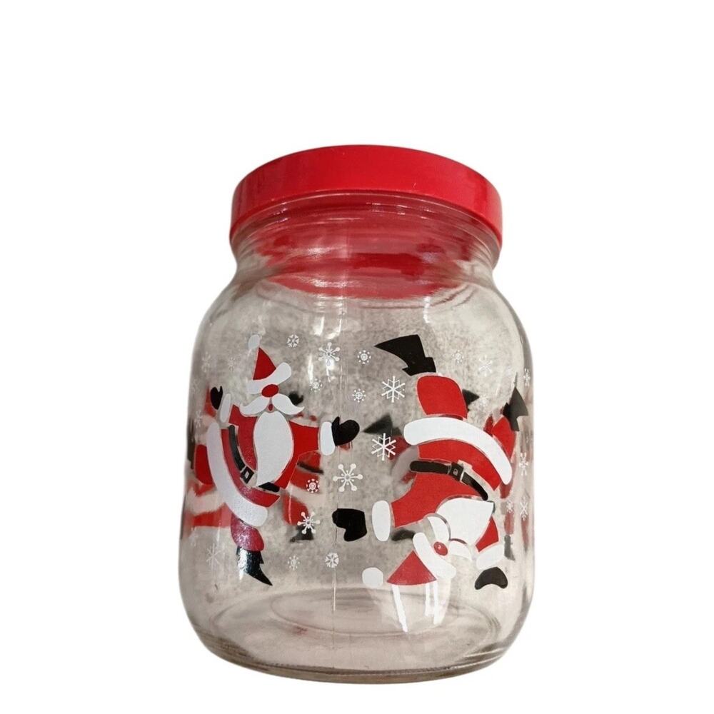 Vintage Christmas Santa Glass Jar Red Lid Holiday Candy Cookie Kitchen Decor